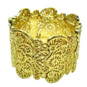 Chunky Gold Tone Stretch Bracelet Wide Open Work Filigree Lattice Minimalist